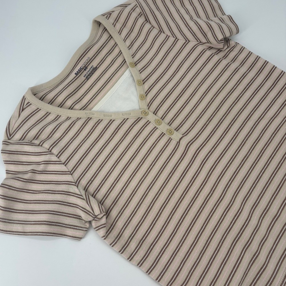 Basic Editions Henley Neck Striped Tee Short Sleeve S Tan Brown Womens